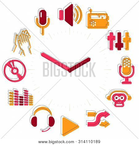 Music Time. Activities Icons In A Watch Sphere With Hours.