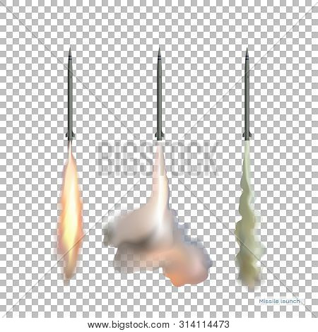 Isolated Image Of Rockets. Missile Launch. Jet Weapon In Realistic Style. Planes Bomb With Smoke Way