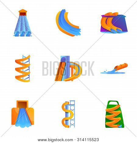 Modern Aquapark Icon Set. Cartoon Set Of 9 Modern Aquapark Vector Icons For Web Design Isolated On W