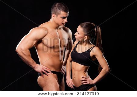 Muscular Bodybuilding Couple In Underwear. Strong Fitness Couple In Underwear. That Sharp Motivation