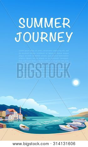 Vector Flat Landscape Illustration Of Beautiful Nature View: Sky, Mountains, Water, Cozy European To