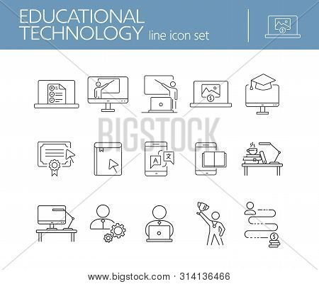 Educational Technology Line Icon Set. Computer, Online Class, Lection. Webinar Concept. Can Be Used 