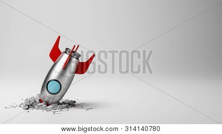 Red And Metal Cartoon Spaceship Crashed On White Background 3d Illustration With Copy Space