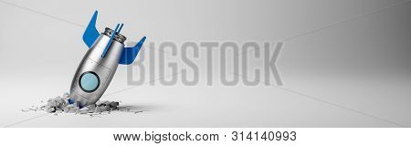 Blue And Metal Cartoon Spacecraft Crashed On White Background 3d Illustration With Copy Space
