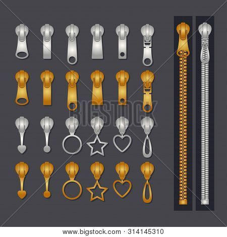Metallic Zippers Set. Gold And Silver Zip Fastener And Pullers. Fashion Elements For Fabric Design A