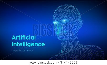 Artifactial Intelligence Concept. Ai Digital Brain. Abstract Digital Human Face. Human Head In Robot