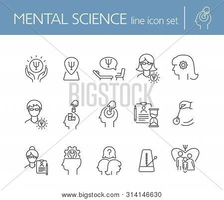 Mental Science Line Icon Set. Patient, Psychologist, Brain Work. Psychology Concept. Can Be Used For