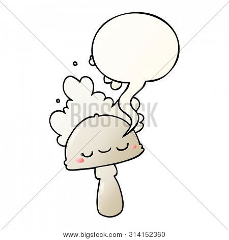 cartoon mushroom with spoor cloud with speech bubble in smooth gradient style