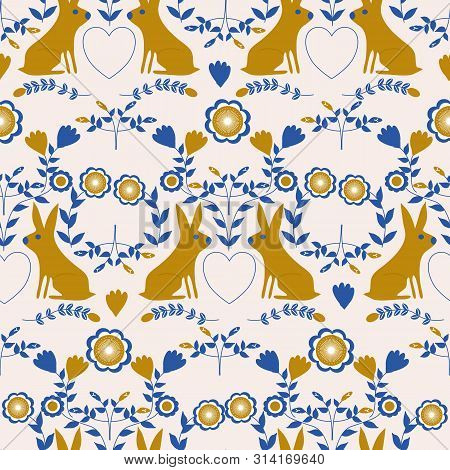 Golden Rabbits And Flowers In A Folk Art Seamless Pattern