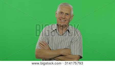 Senior Man Laughing. Handsome Old Man On Chroma Key Background. Positive Elderly Grandfather In Grey