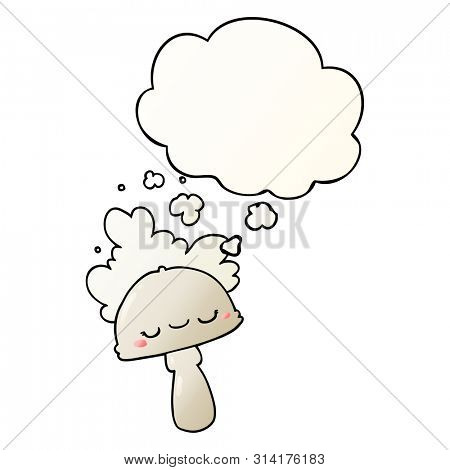 cartoon mushroom with spoor cloud with thought bubble in smooth gradient style