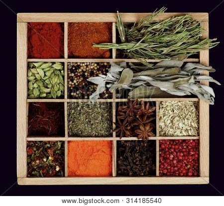 Spices With Dried Chili Peppers, Dried Rosemary And Sage, Dill, Cardamom Grains, Peppercorns, Saffro