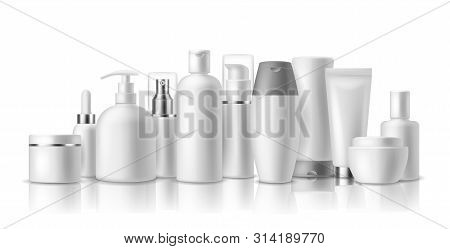 Realistic Cosmetic Mockups. Skin Care Cosmetics Bottles, Container And Jar. Spa Beauty Product. Spra
