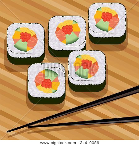 矢量寿司竹凉席和筷子