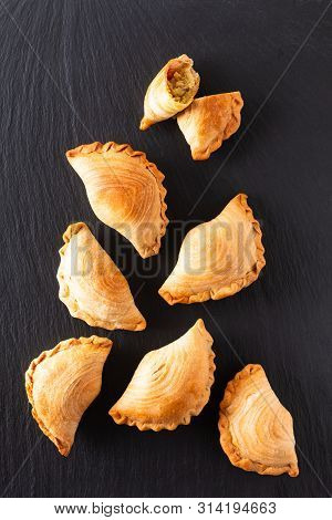 South East Asia Origin Food Concept Homemade Chicken Curry Puffs On Black Slate Stone Background Wit