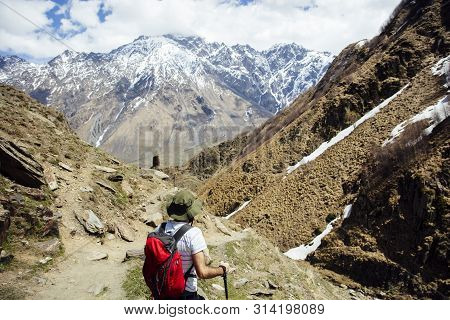 Hiker With Traditional Papakha Fur Hat At Mtskheta-mtianeti Region In Georgia