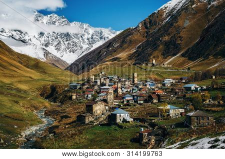 Svanetian Towers In Ushguli In Autumn. One Of The Highest Inhabited Village In Europe. Caucasus, Upp