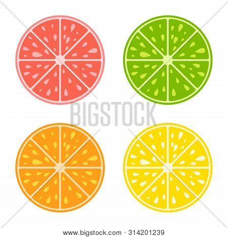 Set Of Colored Isolated Apetitic Slices Of Fruit On White Background. Juicy, Bright, Delicious Tropi