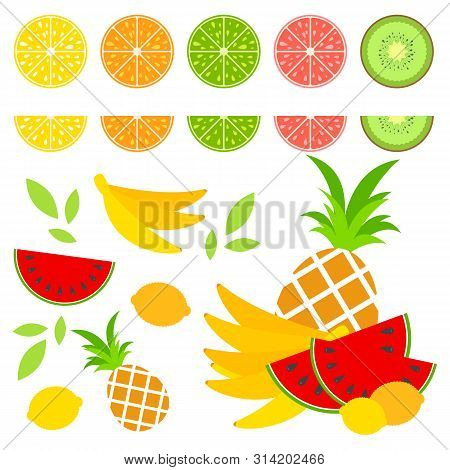 A Set Of Colored Isolated Halves Of Mouth-watering Fruits. Juicy, Bright, Delicious Tropical Food. L