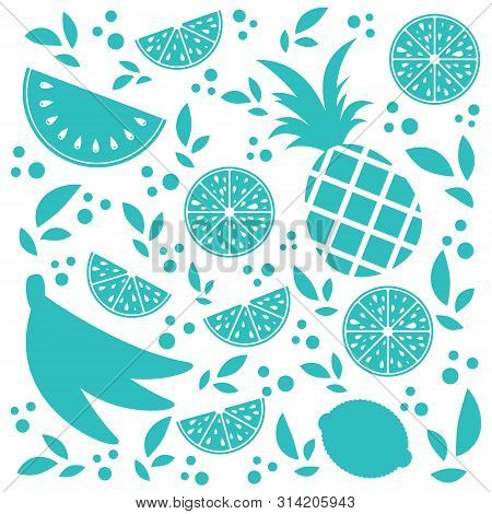 Set Of Colored Isolated Apetitic Fruits Silhouettes On A White Background. Juicy, Delicious Tropical