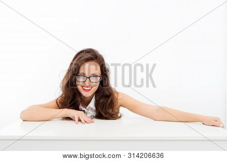 Business Success. Smiling Woman With Long Curly Hair. Smart Teacher Isolated On White. Student At Ta