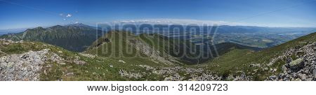 Wide Panoramic View With Top Of Baranec Peak On Western Tatra Mountains Or Rohace Panorama. Sharp Gr