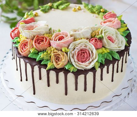 Birthday Cake With Flowers Rose On White Background