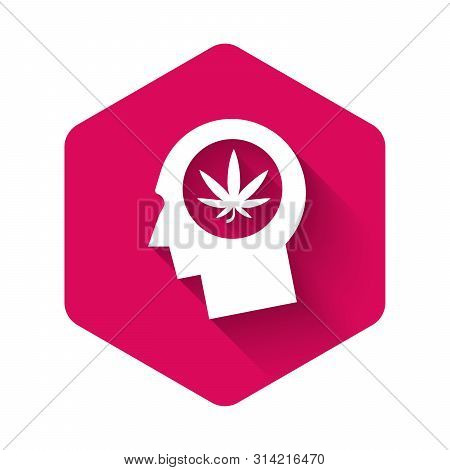 White Silhouette Of Male Head In Profile With Marijuana Or Cannabis Leaf Icon Isolated With Long Sha