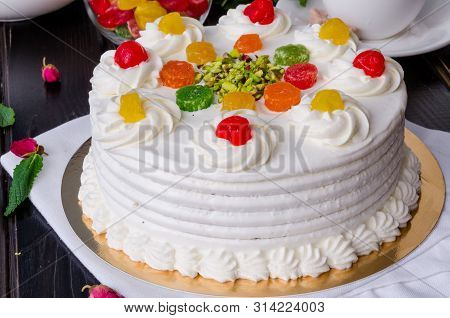 Sicilian Cassata Cake With Candied Fruits, Pistachios And Chocolate. Traditional Italian Easter Cake