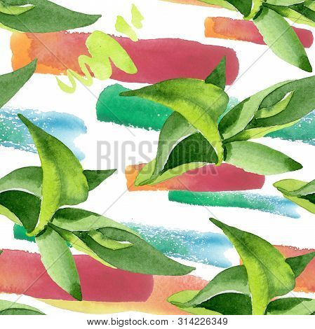 Bamboo Green Leaves. Watercolor Background Illustration Set. Seamless Background Pattern.