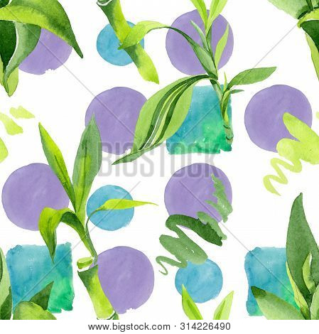 Bamboo Green Leaves. Watercolor Background Illustration Set. Seamless Background Pattern.