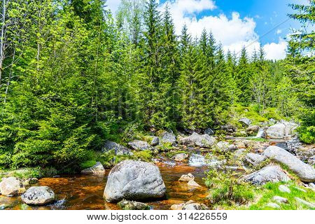 Jizera River Full Of Granite Rocks On Sunny Summer Day, Jizera Mountains, Czech Republic