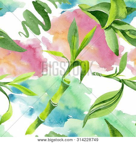 Bamboo Green Leaves. Watercolor Background Illustration Set. Seamless Background Pattern.