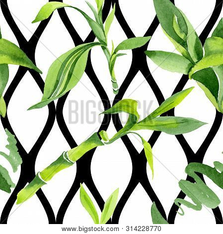 Bamboo Green Leaves. Watercolor Background Illustration Set. Seamless Background Pattern.