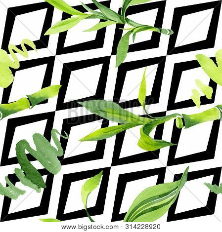 Bamboo Green Leaves. Watercolor Background Illustration Set. Seamless Background Pattern.