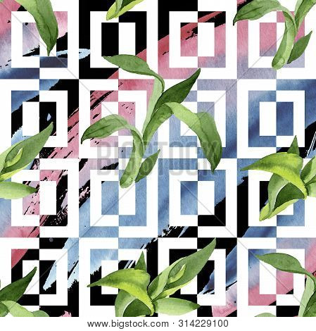 Bamboo Green Leaves. Watercolor Background Illustration Set. Seamless Background Pattern.