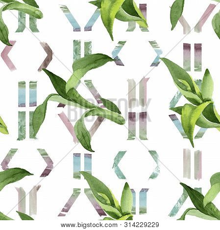 Bamboo Green Leaves. Watercolor Background Illustration Set. Seamless Background Pattern.