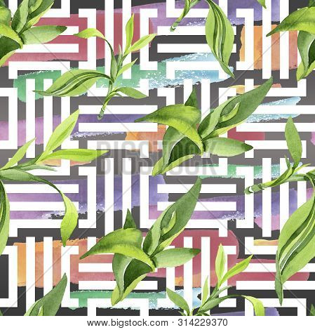 Bamboo Green Leaves. Watercolor Background Illustration Set. Seamless Background Pattern.