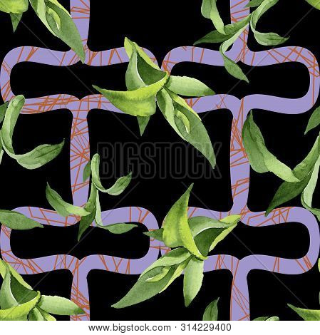 Bamboo Green Leaves. Watercolor Background Illustration Set. Seamless Background Pattern.