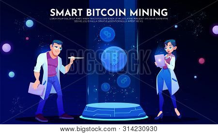 Smart Bitcoin Mining Landing Page, Couple Of Scientists In White Robes Holding Tablet Watch On Crypt