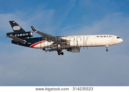 Frankfurt / Germany - December 8, 2012: World Airways Cargo Md-11 N382wa Cargo Plane Landing At Fran