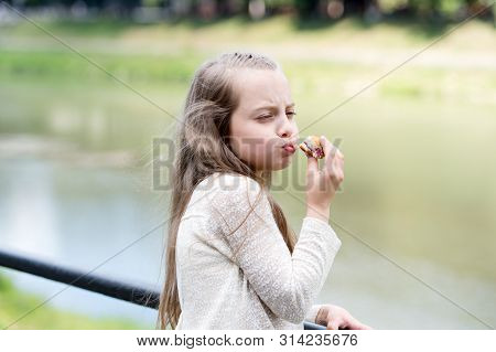 Enjoying Every Bite. Kid Girl Eat Cookie. Health And Dieting Concept. Dieting Counting Calorie. Brea