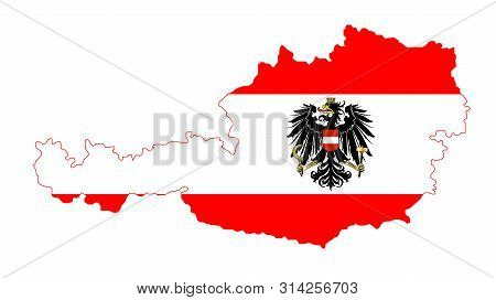 The Austrian Flag With The Coat Of Arms Over Layed Inset Intoa Outline Of The Map Of Austria On Whit