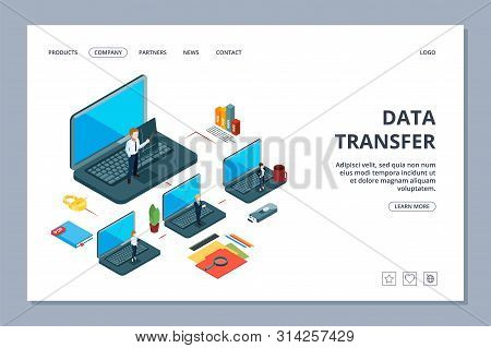 Data Transfer Landing Page. Isometric Information Transfer Web Page. Business Team, Local Network. T