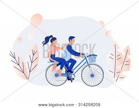 Cartoon Couple In Love, Girlfriend And Boyfriend Cycling In Forest. Man Carrying Woman In Bike Back 