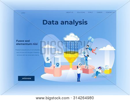 Lading Page With Data Analytics Network Flat Cartoon Design. Team Work At Social Statistics Cloud Da