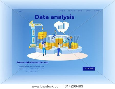 Landing Page Promoting Data Analysis And Teamwork. Cartoon Man Coworkers Team Constructing Statistic
