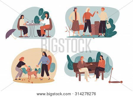 Set Of Four Free Time Cartoon Concepts With Women Spending Time Together, Enjoying Coffee, Walking I