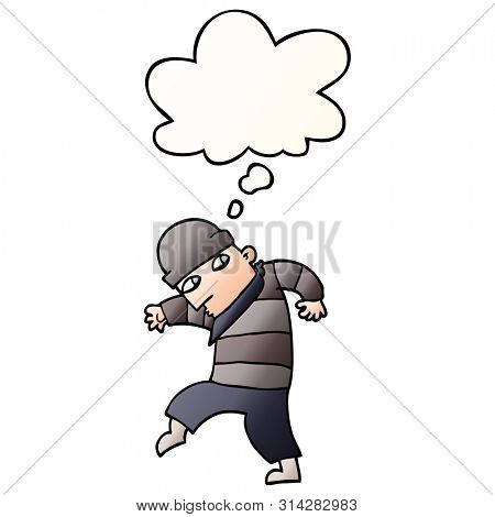 cartoon sneaking thief with thought bubble in smooth gradient style