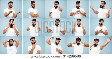 Collage Made Of Half-length Close Up Portraits Of Young Hindoo Man On Blue Background. Human Emotion